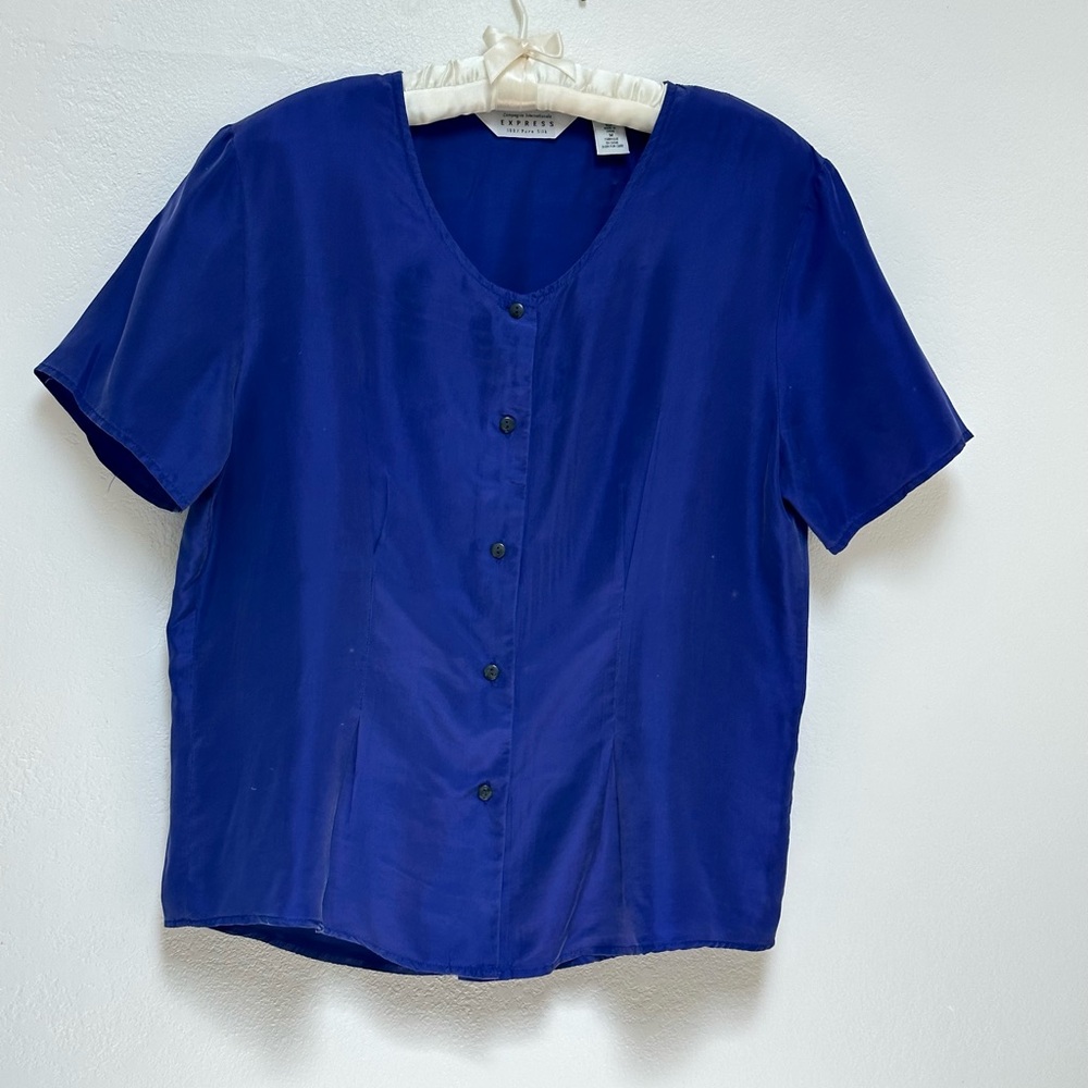 Vintage 100% Silk Express Royal Blue Button Down Blouse